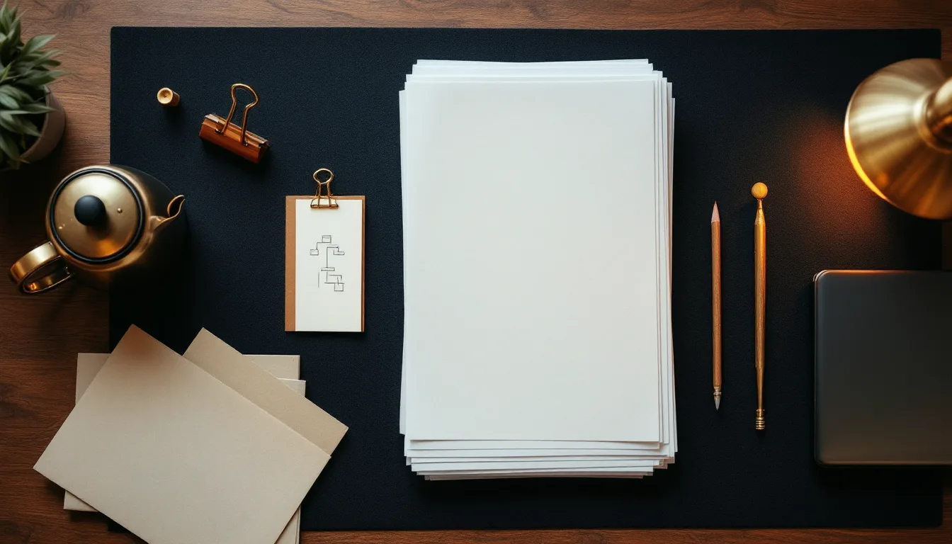 A top-down still life on navy felt: tuning fork, pencil on sketch paper, clipped printouts, a small kettle and a closed laptop, lit by a brass lamp