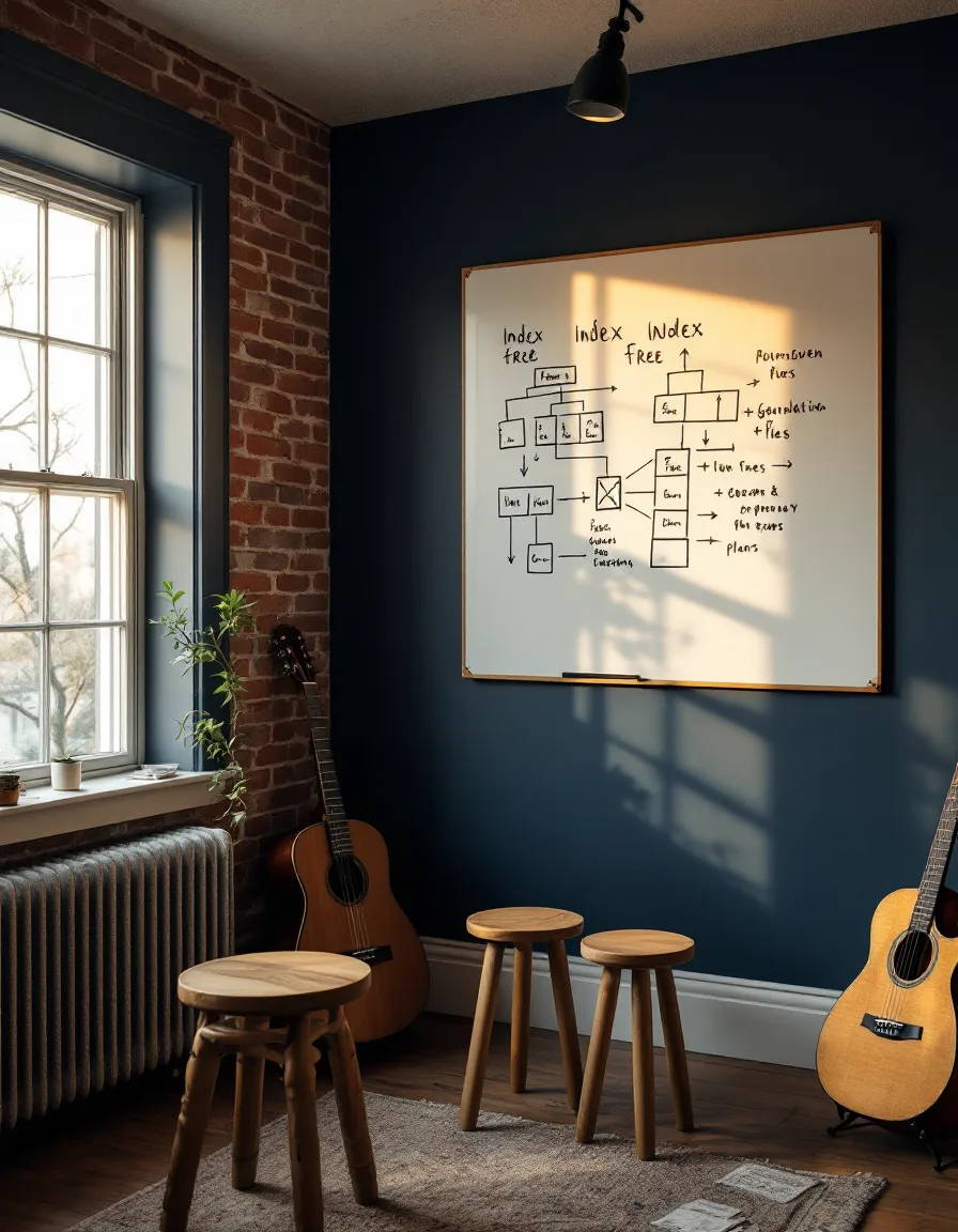 A whiteboard of hand-drawn index trees on a navy wall in a sunlit front-room workshop, with two stools and coffee mugs on a walnut table