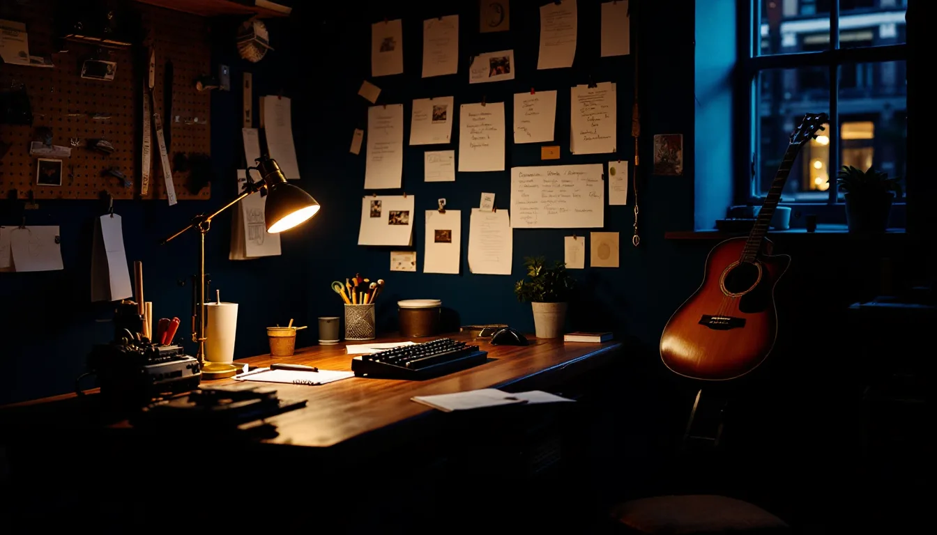 A walnut workbench against a navy wall at blue hour, lit by a brass lamp, with query sketches, index cards and a guitar in soft focus